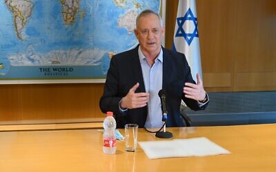 Defense Minister Benny Gantz speaks at a press conference in his office at Defense Ministry headquarters in Tel Aviv, on August 18, 2020. (Ariel Hermoni/Defense Ministry)