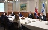 Prime Minister Benjamin Netanyahu (second from R) and his staff meet with British Foreign Minister Dominic Raab and his team at the Prime Minister's Office in Jerusalem on August 25, 2020. (Kobi Gideon/GPO)