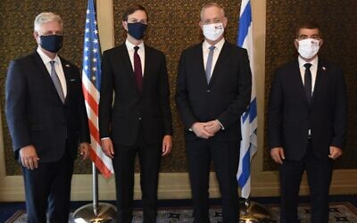 From left to right: US National Security Adviser Robert O'Brien, White House senior adviser Jared Kushner, Defense Minister Benny Gantz and Foreign Minister Gabi Ashkenazi at the King David Hotel in Jerusalem on August 30, 2020. (Jorge Novomeysky/GPO)