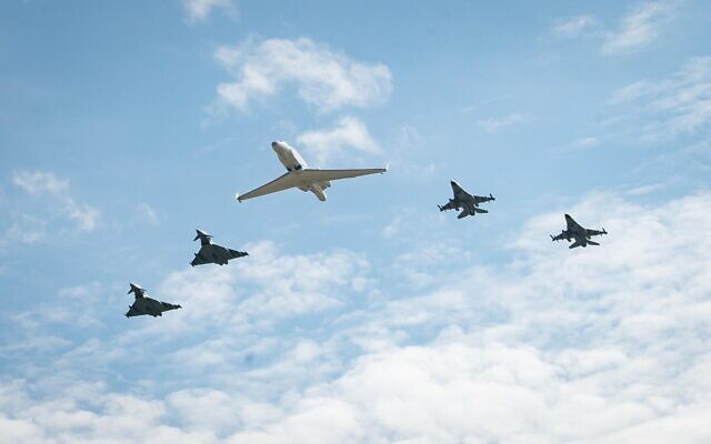 German air force Bundeswehr Eurofighters and Israeli Air Force F-16 jets and a Gulfstream plane fly in formation near Munich in commemoration of the 1972 Munich Olympic Games massacre in which 11 Israeli athletes were killed, on August 18, 2020. (Israel Defense Forces)