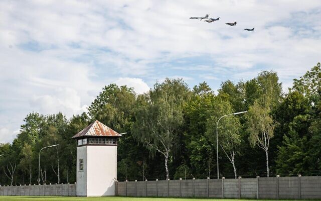 German air force Bundeswehr Eurofighters and Israeli Air Force F-16 jets and a Gulfstream plane fly in formation over the Dachau concentration camp in Germany on August 18, 2020. (Israel Defense Forces)