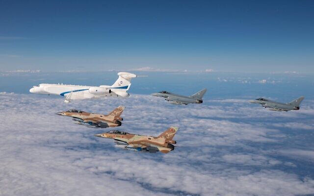 German air force Bundeswehr Eurofighters and Israeli Air Force F-16 jets and a Gulfstream plane fly in formation near Munich in commemoration of the 1972 Munich Olympic Games massacre in which 11 Israeli athletes were killed, on August 18, 2020. (Israel Defense Forces)