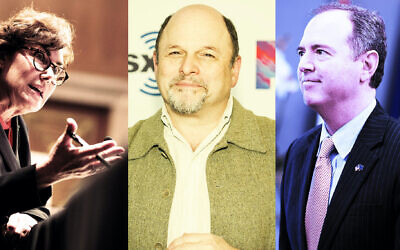 From left: Sen. Jacky Rosen, "Seinfeld" star Jason Alexander and Rep. Adam Schiff. (Getty Images via JTA)