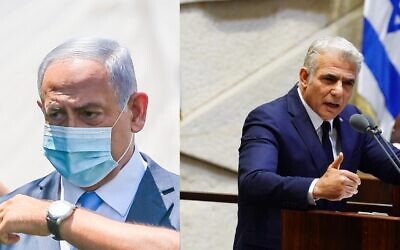 Composite photo of Prime Minister Benjamin Netanyahu (L) in Ramla on August 4, 2020, and Yair Lapid at the Knesset on May 17, 2020. (Yossi Aloni/Flash90, Knesset/Adina Veldman)