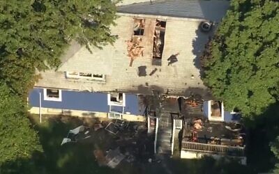 Screen shot of a broadcast by NBC local affiliate NBC 10 Philadelphia showing an aerial view of fire damage at the Chabad Center for Jewish Life at the University of Delaware in Newark, Delaware. The fire took place on August 26, 2020, and was ruled arson by authorities the following day. (screen capture)