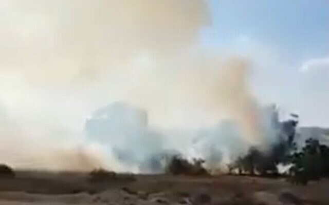 Fire caused by a suspected incendiary device launched from the Gaza Strip, August 11, 2020 (Screen grab/Twitter) Fire caused by a suspected incendiary device launched from the Gaza Strip, August 11, 2020 (Screen grab/Twitter)