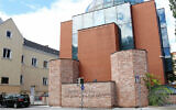 The defaced façade of the synagogue of Graz, Austria, on August 19, 2020. (Christian Jauschowetz via JTA)