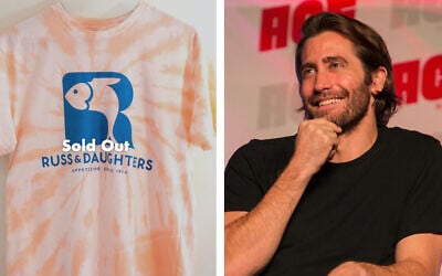 Actor Jake Gyllenhaal and a T-shirt he is promoting bearing the logo of the iconic Russ & Daughters appetizing shop. (Goldbelly/Getty Images via JTA)
