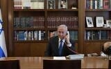 Prime Minister Benjamin Netanyahu at his office in Jerusalem on a phone call with UAE leader Mohammed Bin Zayed on August 13, 2020. (Kobi Gideon/PMO)