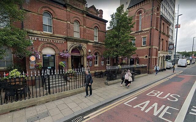 Pedestrians walks past the Hedley Verity pub in Leeds, the United Kingdom. (Google Maps via JTA)
