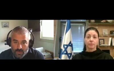 Labor lawmaker Merav Michaeli speaks with Times of Israel chief analyst Haviv Rettig Gur on the new Behind the Headlines series, August 11, 2020. (YouTube Screenshot)