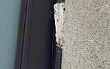 A piece of a broken mezuzah hangs on the doorframe of the Yismah Moché Synagogue in Paris, August, 14, 2020. (BNVCA via JTA)