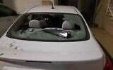 A piece of shrapnel from an Iron Dome interceptor missile hit the back windshield of a car in the southern town of Sderot on August 2, 2020. (Oranit Pahima)