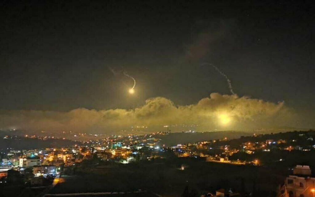 Illustrative: The Israeli military fires flares into the sky over the Lebanese border on August 25, 2020. (Courtesy) Illustrative: The Israeli military fires flares into the sky over the Lebanese border on August 25, 2020. (Courtesy)