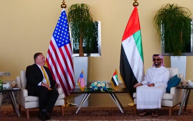US Secretary of State Mike Pompeo meets with UAE Foreign Minister Abdullah bin Zayed Al Nahyan and National Security Adviser Tahnoun bin Zayed Al Nahyan in Abu Dhabi on August 26, 2020 (Twitter) US Secretary of State Mike Pompeo meets with UAE Foreign Minister Abdullah bin Zayed Al Nahyan and National Security Adviser Tahnoun bin Zayed Al Nahyan in Abu Dhabi on August 26, 2020 (Twitter)