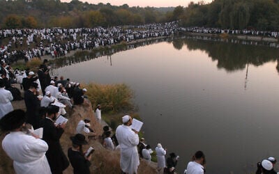 File: Pilgrims to Uman celebrating at the grave of Rebbe Nachman, September 7, 2013. (Yaakov Naumi/Flash90)