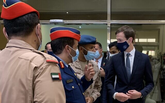 US Presidential Adviser Jared Kushner (R) speaks to Emirati military personnel during a visit to the Al-Dhafra base, about 32 kilometres south of Abu Dhabi on September 1, 2020. (Photo by Sarah STEWART / AFP) US Presidential Adviser Jared Kushner (R) speaks to Emirati military personnel during a visit to the Al-Dhafra base, about 32 kilometres south of Abu Dhabi on September 1, 2020. (Photo by Sarah STEWART / AFP)