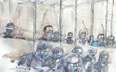 A courtroom sketch made on September 2, 2020, at the Paris courthouse shows the 14 accused and their lawyers, wearing a protective mask, on the first day of the trial of the accomplices in Charlie Hebdo jihadist killings in 2015. (Benoit Peyrucq/ AFP)