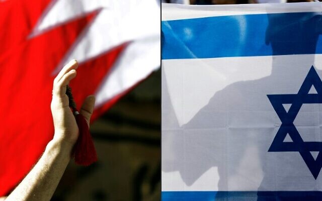 This combination of pictures created on September 11, 2020, shows a Bahraini man waving a national flag (L) in the capital Manama on March 22, 2011, and an Israeli man holding his country's national flag on January 24, 2017. (Joseph Eid and Jack Guez/AFP) This combination of pictures created on September 11, 2020, shows a Bahraini man waving a national flag (L) in the capital Manama on March 22, 2011, and an Israeli man holding his country's national flag on January 24, 2017. (Joseph Eid and Jack Guez/AFP)