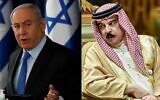 Combination image shows (L) Prime Minister Benjamin Netanyahu chairing the weekly cabinet meeting in Jerusalem on June 28, 2020, and (R) King Hamad bin Isa Al Khalifa of Bahrain, speaking with another delegate during the 40th Gulf Cooperation Council summit held at the Saudi capital Riyadh on December 10, 2019. (Ronen Zvulun and Fayez Nureldine/Various Sources/AFP)