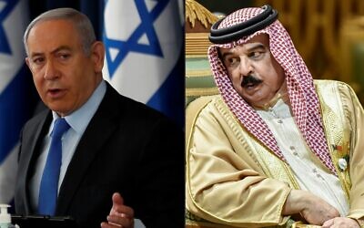Combination image shows (L) Prime Minister Benjamin Netanyahu chairing the weekly cabinet meeting in Jerusalem on June 28, 2020, and (R) King Hamad bin Isa Al Khalifa of Bahrain, speaking with another delegate during the 40th Gulf Cooperation Council summit held at the Saudi capital Riyadh on December 10, 2019. (Ronen Zvulun and Fayez Nureldine/Various Sources/AFP)