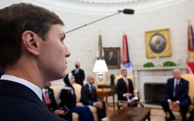 Senior advisor Jared Kushner, left, attends a meeting between US President Donald Trump and UAE Foreign Minister Abdullah bin Zayed Al-Nahyan in the Oval Office of the White House in Washington, DC, September 15, 2020. (SAUL LOEB / AFP)
