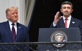 US President Donald Trump watches as UAE Foreign Minister Abdullah bin Zayed Al-Nahyan (R) speaks from the Truman Balcony at the White House during the signing ceremony of the Abraham Accords, on the South Lawn of the White House in Washington, DC, September 15, 2020. (SAUL LOEB / AFP)