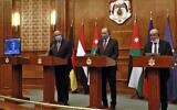 Egyptian Foreign Minister Sameh Shoukry (L), Jordanian Foreign Minister Ayman Safadi and French Foreign Minister Jean-Yves Le Drian (R) at press conference in the Jordanian capital Amman during an international meeting to discuss the Israel-Palestinian peace process, September 24, 2020. (Khalil Mazraawi/Pool/AFP)