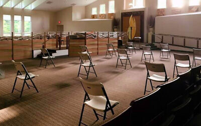 Illustrative: Chairs are set up for a socially distanced service at Congregation Ohr Hatorah in Atlanta. (Courtesy of Rabbi Adam Starr via JTA)