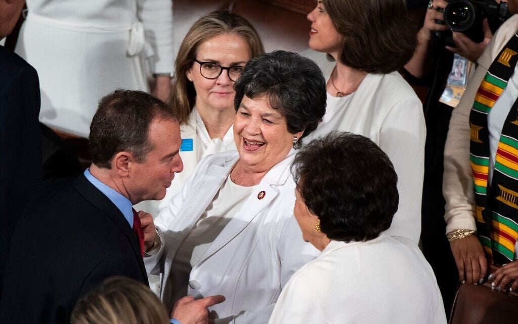 From left, Reps. Adam Schiff, D-Calif., Madeleine Dean, D-Pa., Lois Frankel, D-Fla., and Nita Lowey, D-NY, are seen before President Donald Trump's State of the Union address, February 4, 2020. (Tom Williams/CQ-Roll Call, Inc via Getty Images/ via JTA)