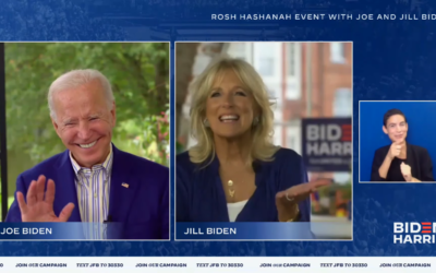 Democratic presidential candidate Joe Biden and his wife Jill speak to Jewish supporters in a Rosh Hashanah video conference call on September 17, 2020. (Screen capture/Biden-Harris campaign via JTA)