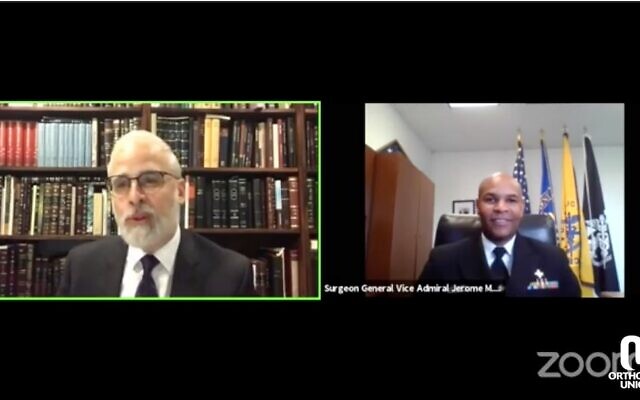 Surgeon General Dr. Jerome Adams (R) advises rabbis on how to prepare for the High Holidays in a call with the Orthodox Union, Sept. 1, 2020. (Screenshot from Zoom via JTA) Surgeon General Dr. Jerome Adams (R) advises rabbis on how to prepare for the High Holidays in a call with the Orthodox Union, Sept. 1, 2020. (Screenshot from Zoom via JTA)
