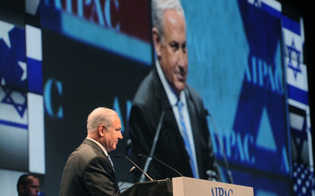 Prime Minister Benjamin Netanyahu delivers a speech at an AIPAC conference in Washington, DC. (Courtesy GPO/Amos Ben Gershom)