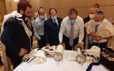 Illustrative: A Jewish minyan organized at the hotel of the Israeli delegation to Abu Dhabi, United Arab Emirates, September 1, 2020. (Raphael Ahren/Times of Israel)