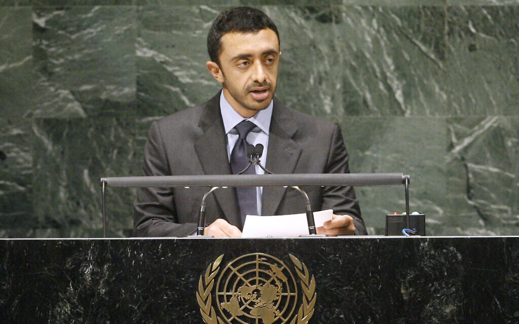 UAE Foreign Minister Abdullah Bin Zayed Al-Nahyan addresses the UN General Assembly, September 28, 2010 (Aliza Eliazarov/UN Photo) UAE Foreign Minister Abdullah Bin Zayed Al-Nahyan addresses the UN General Assembly, September 28, 2010 (Aliza Eliazarov/UN Photo)