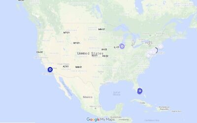 A map shows the 20 congressional districts with the most Jews. (Laura E. Adkins/JTA)