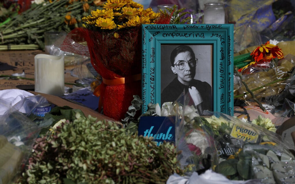 Flowers and notes are left outside of the US Supreme Court to mourn the death of Supreme Court Justice Ruth Bader Ginsburg, September 21, 2020. (Yasin Ozturk/Anadolu Agency via Getty Images/ via JTA) Flowers and notes are left outside of the US Supreme Court to mourn the death of Supreme Court Justice Ruth Bader Ginsburg, September 21, 2020. (Yasin Ozturk/Anadolu Agency via Getty Images/ via JTA)