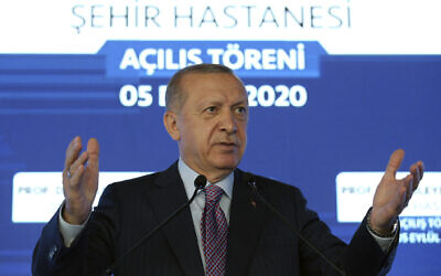 Turkey's President Recep Tayyip Erdogan speaks at a hospital's opening ceremony, in Istanbul, September 5, 2020. (Turkish Presidency via AP, Pool)