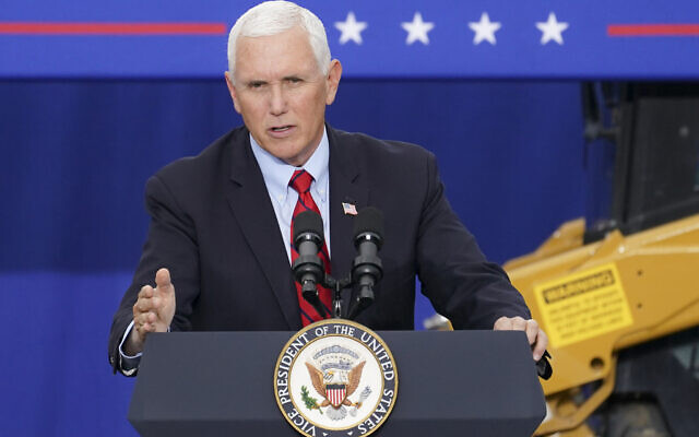 US Vice President Mike Pence speaks at a campaign event on the grounds of Kuharchik Construction, Inc., in Exeter, PA, September 1, 2020. (AP/John Minchillo, File) US Vice President Mike Pence speaks at a campaign event on the grounds of Kuharchik Construction, Inc., in Exeter, PA, September 1, 2020. (AP/John Minchillo, File)