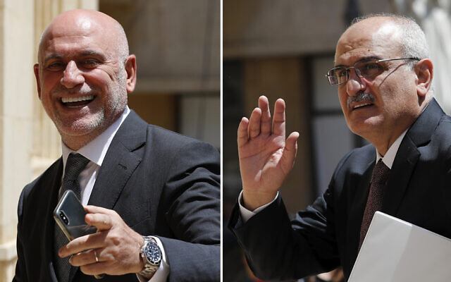 A composite picture shows Lebanese Public Works and Transportation Minister Youssef Fenianos entering parliament in Beirut, Lebanon, May 23, 2018, left, and Lebanese former Finance Minister Ali Hassan Khalil arriving at the parliament, in Beirut, Lebanon, July 16, 2019.(AP Photo/Hussein Malla) A composite picture shows Lebanese Public Works and Transportation Minister Youssef Fenianos entering parliament in Beirut, Lebanon, May 23, 2018, left, and Lebanese former Finance Minister Ali Hassan Khalil arriving at the parliament, in Beirut, Lebanon, July 16, 2019.(AP Photo/Hussein Malla)