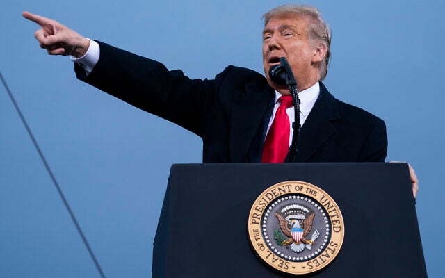 US President Donald Trump speaks during a campaign rally at Fayetteville Regional Airport, September 19, 2020, in Fayetteville, North Carolina. (AP Photo/Evan Vucci) US President Donald Trump speaks during a campaign rally at Fayetteville Regional Airport, September 19, 2020, in Fayetteville, North Carolina. (AP Photo/Evan Vucci)