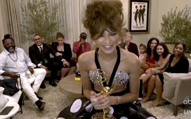In this video grab captured on Sept. 20, 2020, courtesy of the Academy of Television Arts & Sciences and ABC Entertainment, Zendaya accepts the award for outstanding lead actress in a drama series for "Euphoria" during the 72nd Emmy Awards broadcast. (The Television Academy and ABC Entertainment via AP)