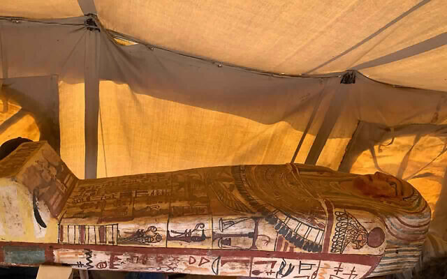 One of more than two dozen ancient coffins unearthed near the famed Step Pyramid of Djoser in Saqqara, south of Cairo, Egypt, September 2020. (Ministry of Tourism and Antiquities via AP) One of more than two dozen ancient coffins unearthed near the famed Step Pyramid of Djoser in Saqqara, south of Cairo, Egypt, September 2020. (Ministry of Tourism and Antiquities via AP)