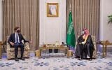 Saudi Crown Prince Mohammed bin Salman, right, meets with US presidential adviser Jared Kushner in Riyadh, Saudi Arabia, September 1, 2020. (Saudi Press Agency via AP)