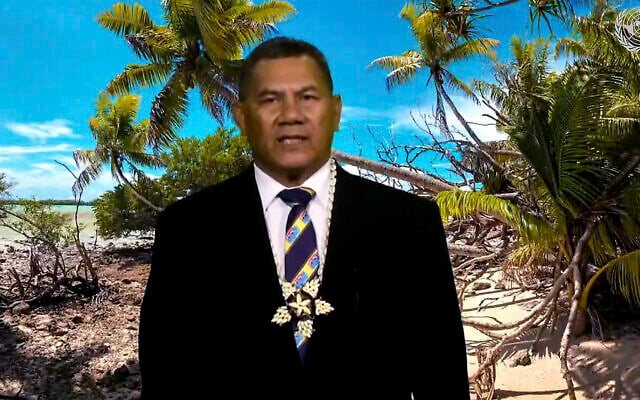 In this image made from UNTV video, Kausea Natano, Prime Minister of Tuvalu, speaks in a pre-recorded message which was played during the 75th session of the United Nations General Assembly, September 25, 2020, at UN headquarters. (UNTV via AP) In this image made from UNTV video, Kausea Natano, Prime Minister of Tuvalu, speaks in a pre-recorded message which was played during the 75th session of the United Nations General Assembly, September 25, 2020, at UN headquarters. (UNTV via AP)