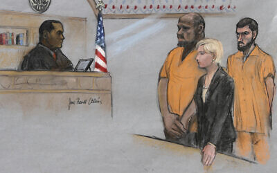 In this June 19, 2015, file courtroom sketch, David Wright, second from left, is depicted standing before Magistrate Judge Donald Cabell, left, with attorney Jessica Hedges, second from right, and Nicholas Rovinski, right, during a hearing in federal court in Boston. (Jane Flavell Collins via AP, File)
