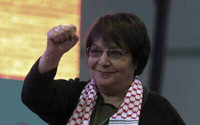 Leila Khaled at the congress of pro-Kurdish Peoples' Democratic Party, or HDP, in Ankara, Turkey, February 11, 2018 (AP Photo/Burhan Ozbilici)