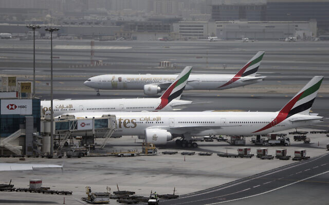 An Emirates Airline plane taxis at the Dubai airport in the United Arab Emirates, May 9, 2018. (Kamran Jebreili/AP)