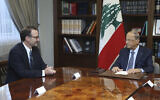 Lebanese President Michel Aoun, right, meets with David Schenker, US Assistant Secretary of State for Near Eastern Affairs, at the presidential palace in Baabda, east of Beirut, Lebanon, September 10, 2019. (Dalati Nohra via AP)