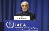 File: The head of Iran's Atomic Energy Organization Ali Akbar Salehi delivers his speech at the opening of the general conference of the IAEA in Vienna, Austria, September 16, 2019. (AP Photo/Ronald Zak)